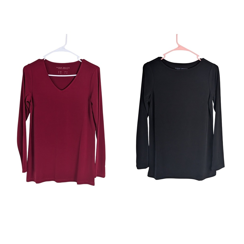 Susan Graver Liquid Knit Tops Women XXS Sangria Black V-Neck Scoop 2PK A654061